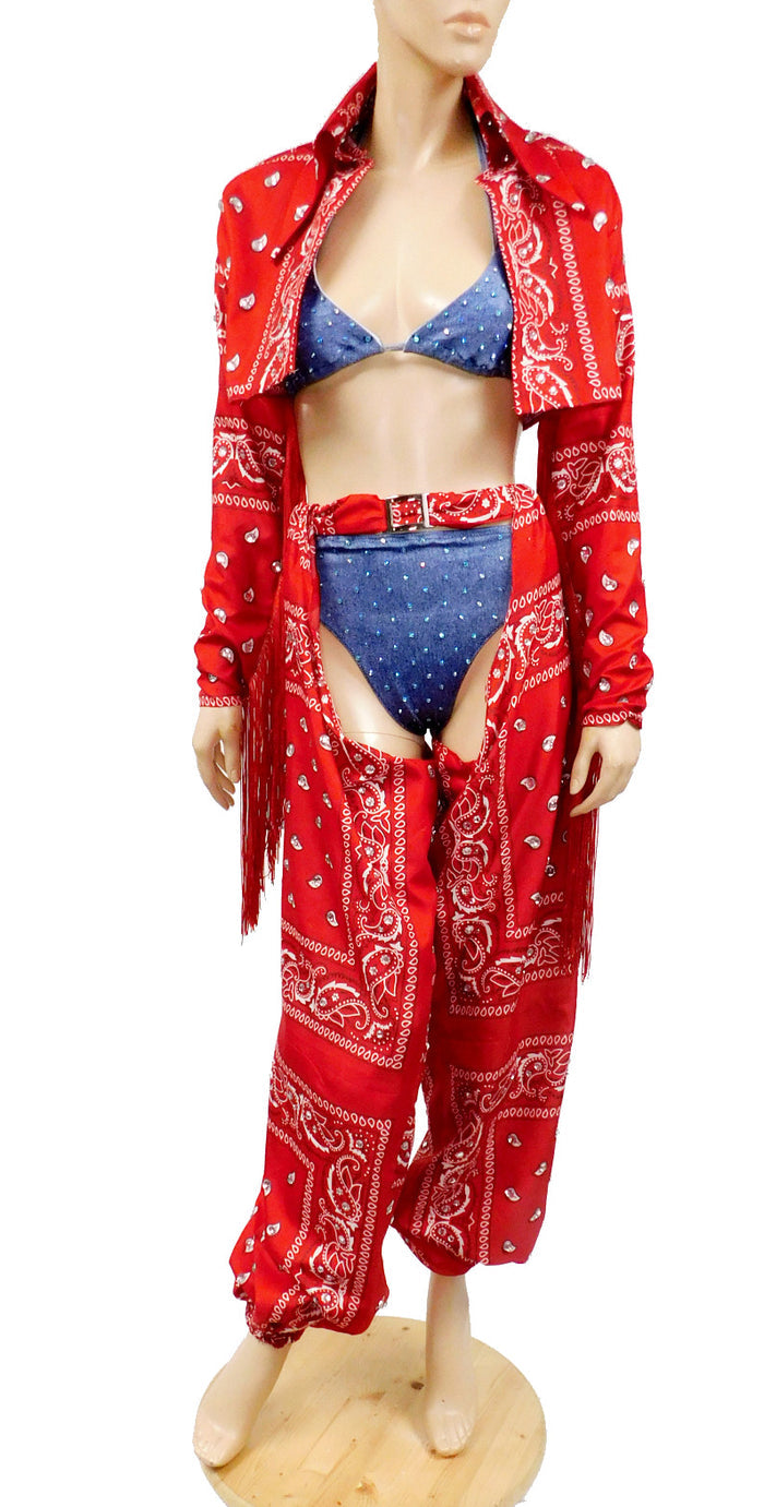 Red Bandana Cowgirl Jacket and Chaps with Stretch Jean Bikini Costume