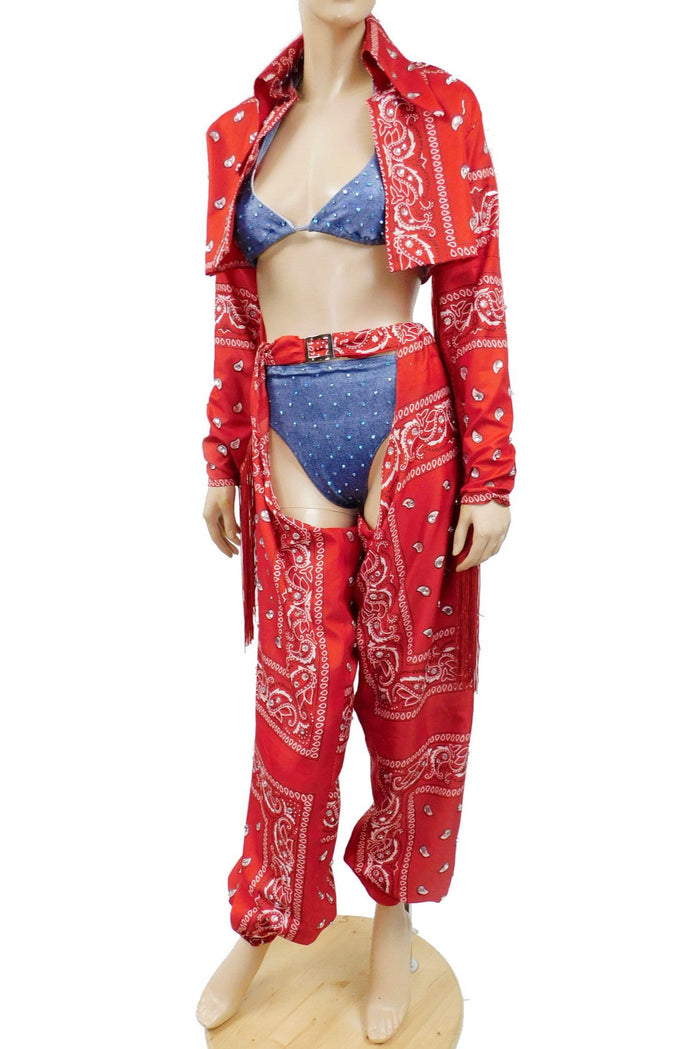 Red Bandana Cowgirl Jacket and Chaps with Stretch Jean Bikini Costume