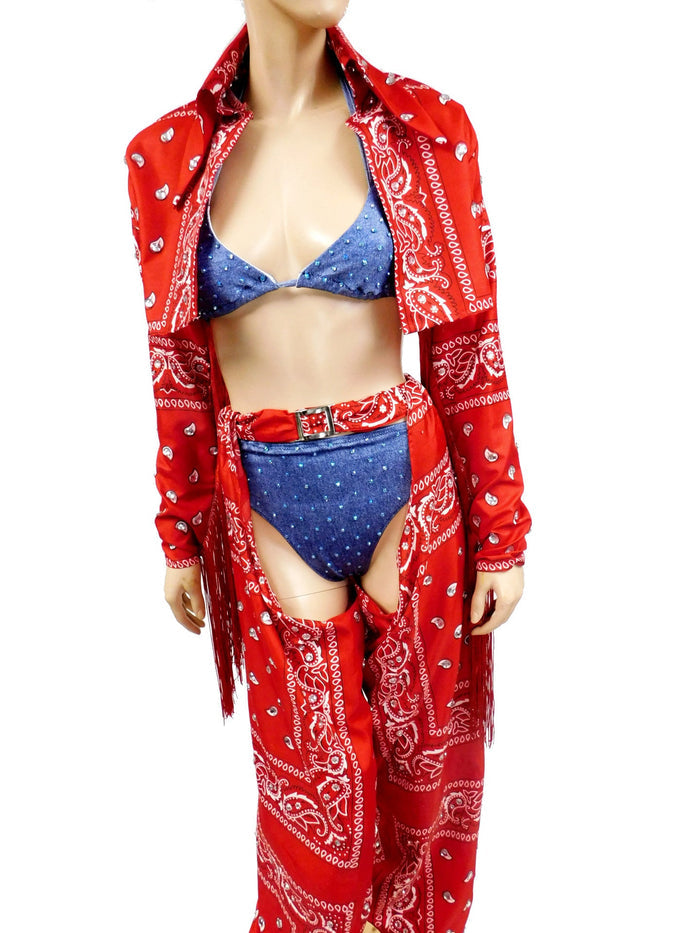 Red Bandana Cowgirl Jacket and Chaps with Stretch Jean Bikini Costume