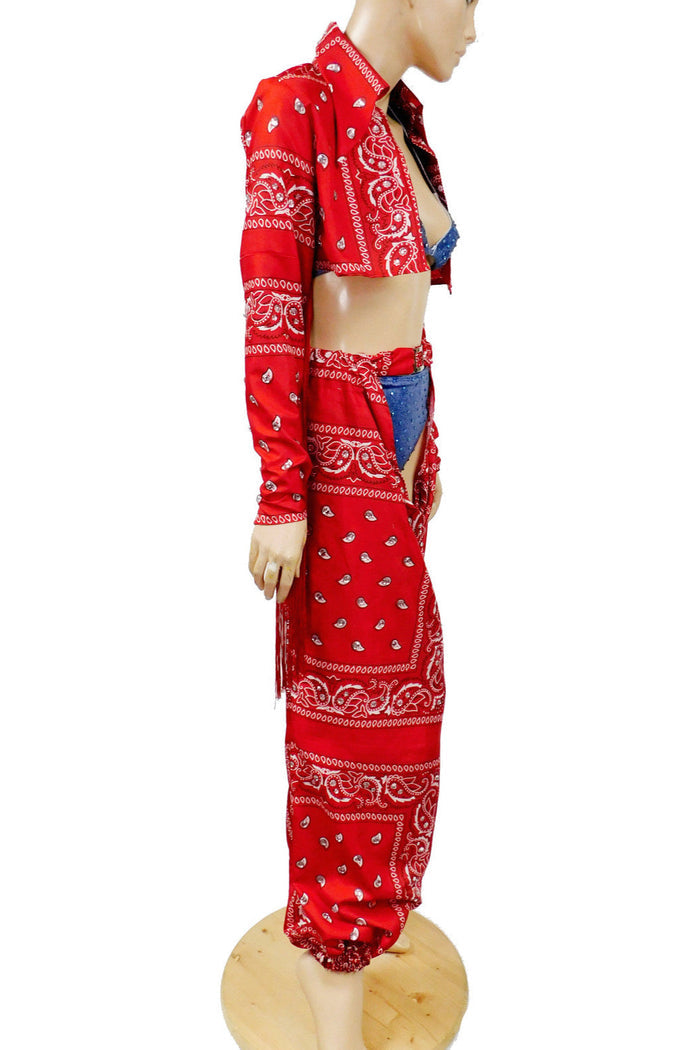 Red Bandana Cowgirl Jacket and Chaps with Stretch Jean Bikini Costume