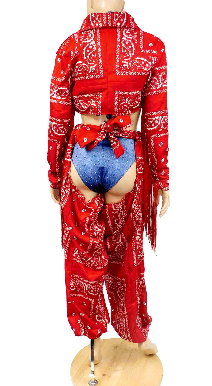 Red Bandana Cowgirl Jacket and Chaps with Stretch Jean Bikini Costume