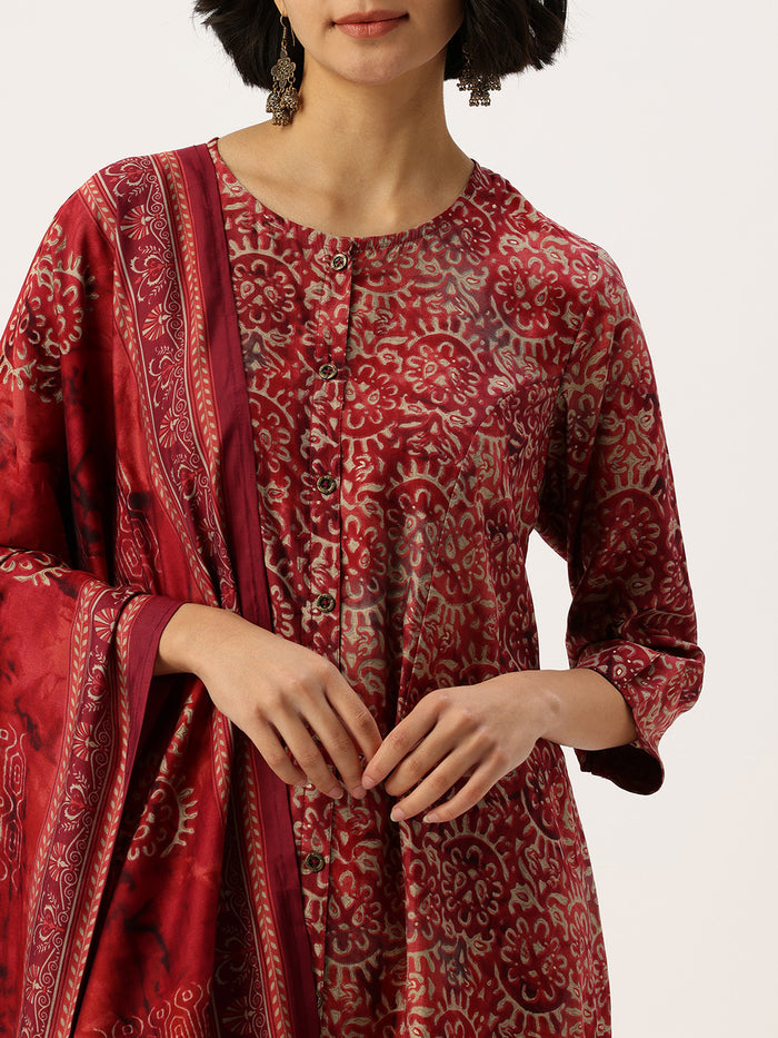 Red Floral Printed Kurta with Trousers & With Dupatta, Red Kurta Set, Floral Printed Kurta, Red Floral Kurta Set, Kurta with Trousers, Kurta with Dupatta, Kurta Pant Set, Kurta Pant Dupatta Set, Printed Kurta Set, Floral Kurta Set, Women Ethnic Wear