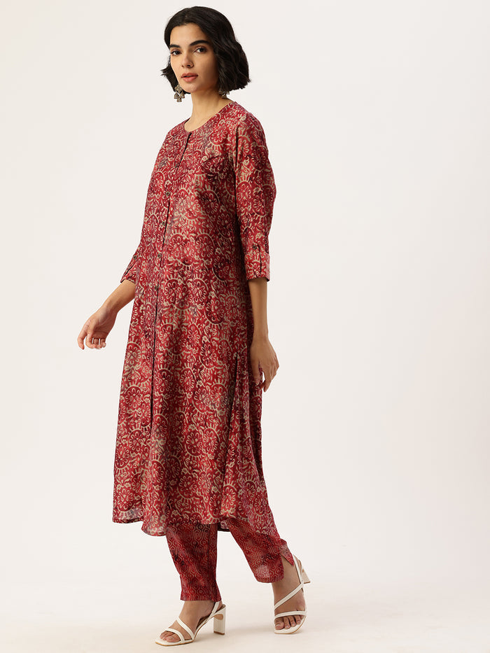Red Floral Printed Kurta with Trousers & With Dupatta, Red Kurta Set, Floral Printed Kurta, Red Floral Kurta Set, Kurta with Trousers, Kurta with Dupatta, Kurta Pant Set, Kurta Pant Dupatta Set, Printed Kurta Set, Floral Kurta Set, Women Ethnic Wear