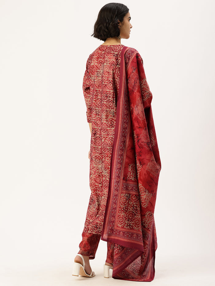 Red Floral Printed Kurta with Trousers & With Dupatta, Red Kurta Set, Floral Printed Kurta, Red Floral Kurta Set, Kurta with Trousers, Kurta with Dupatta, Kurta Pant Set, Kurta Pant Dupatta Set, Printed Kurta Set, Floral Kurta Set, Women Ethnic Wear