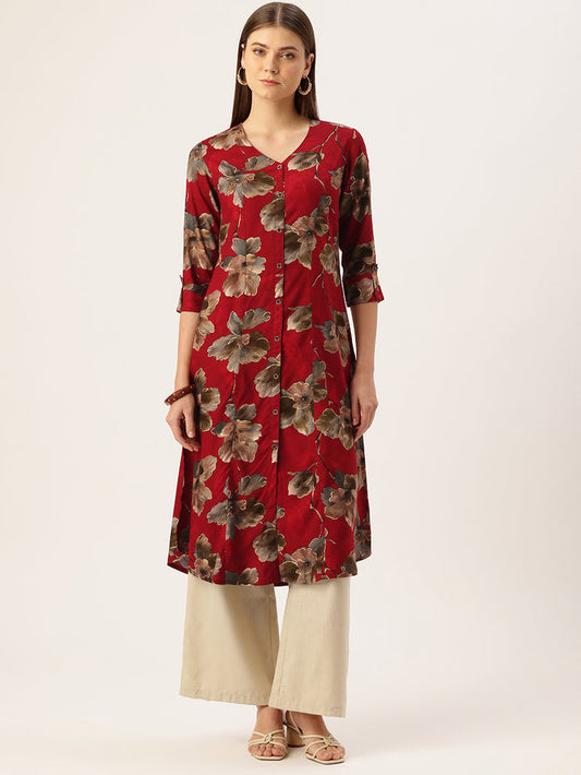 Red V - Neck Floral Printed A - Line Kurta