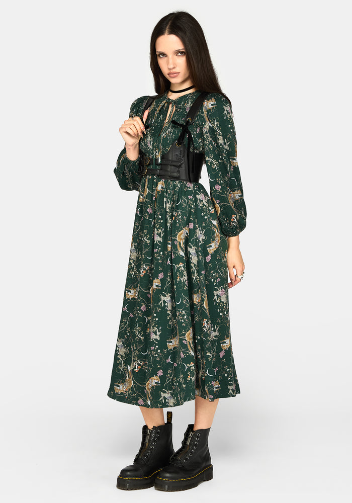 Renard Print Smocked Keyhole Midi Dress