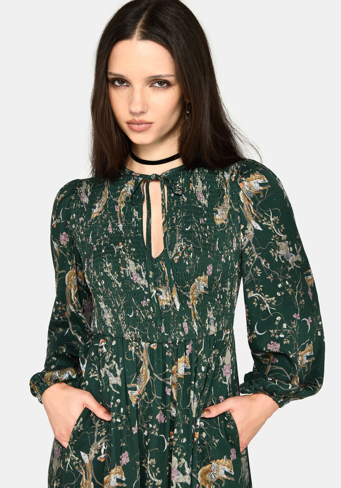 Renard Print Smocked Keyhole Midi Dress