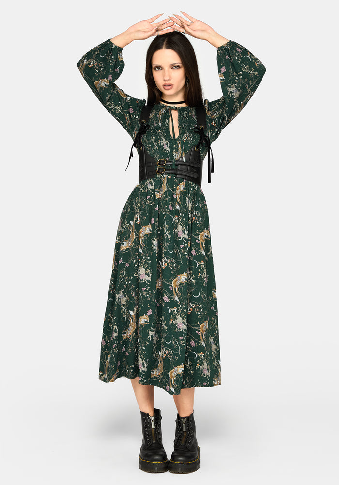 Renard Print Smocked Keyhole Midi Dress