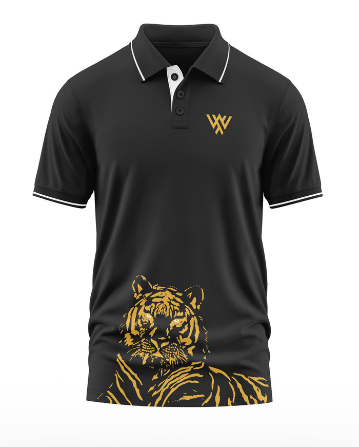 Black men's polo t-shirt with gold tiger graphic and gold chest emblem, stylish casual wear