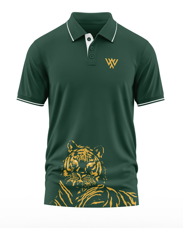 Green men's polo t-shirt with yellow tiger graphic and chest logo, short sleeves