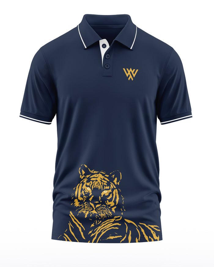 Navy blue men's polo t-shirt with tiger graphic and white trim, short sleeves