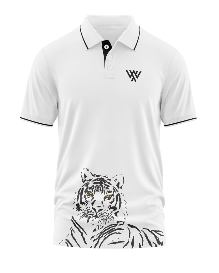 White men’s polo t-shirt with black tiger graphic and contrast collar trim