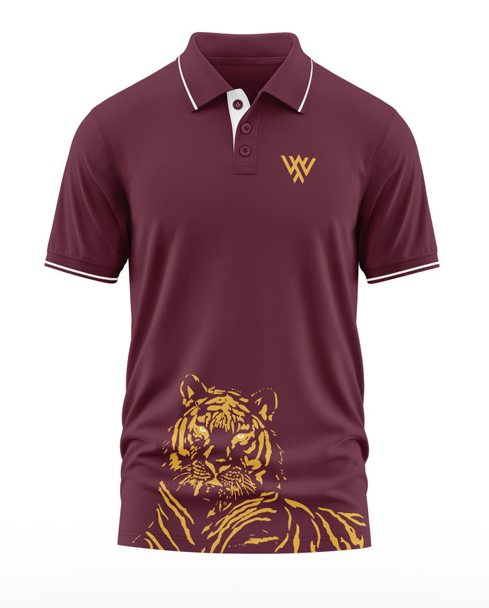 Maroon men's polo t-shirt with gold tiger graphic and contrast collar, army-inspired style