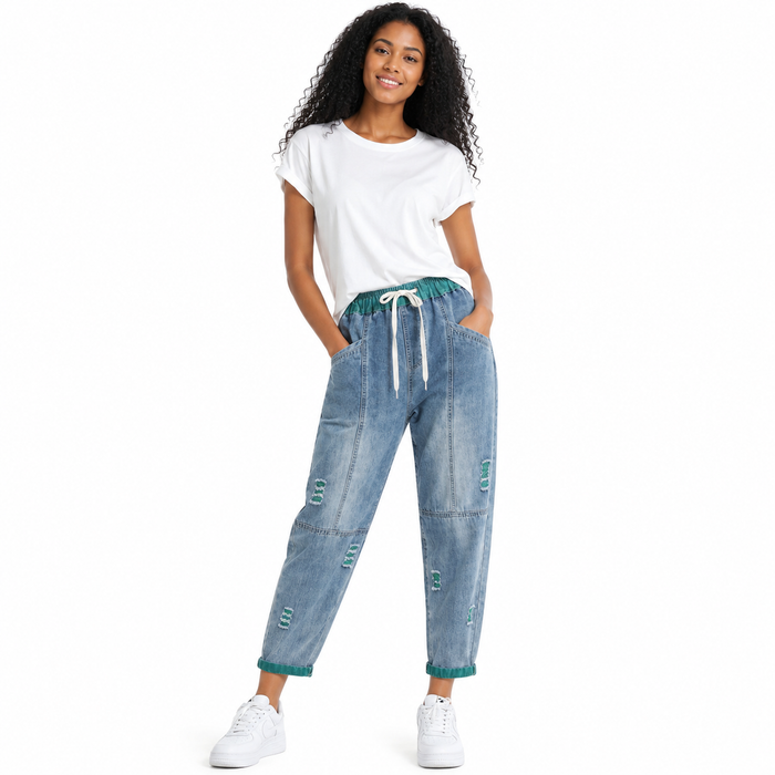 Women's nine-point denim pants with cotton fabric, quality finishing, and easy styling for casual everyday outfits.