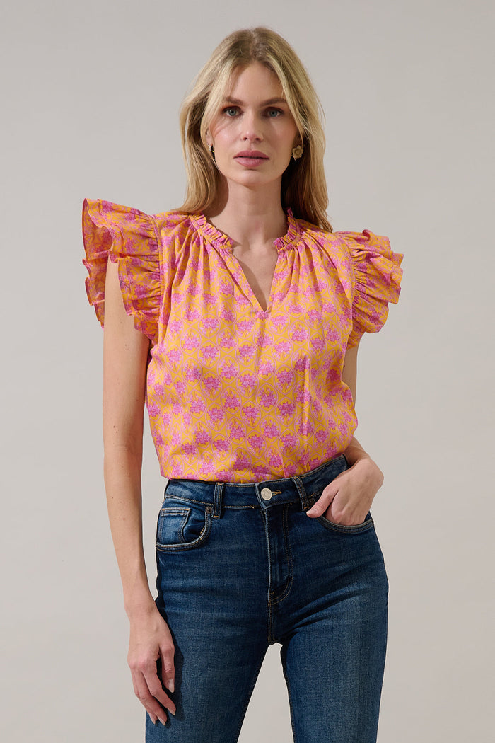 Risette Ruffle Split Neck Top Drift Floral
