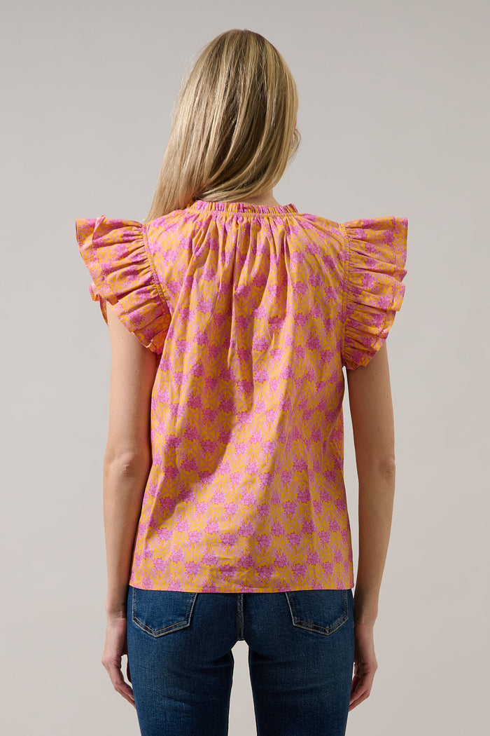 Risette Ruffle Split Neck Top Drift Floral