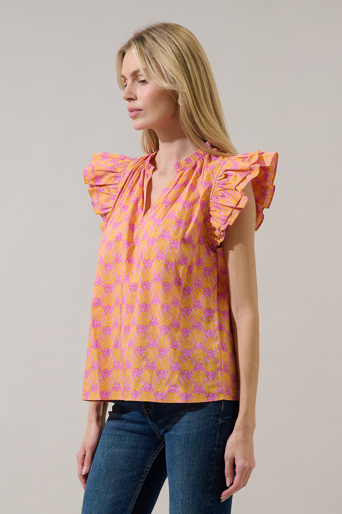 Risette Ruffle Split Neck Top Drift Floral