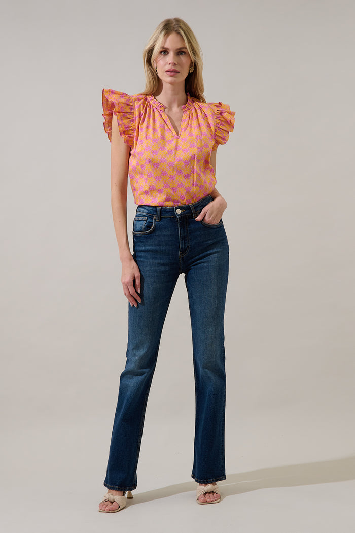 Risette Ruffle Split Neck Top Drift Floral
