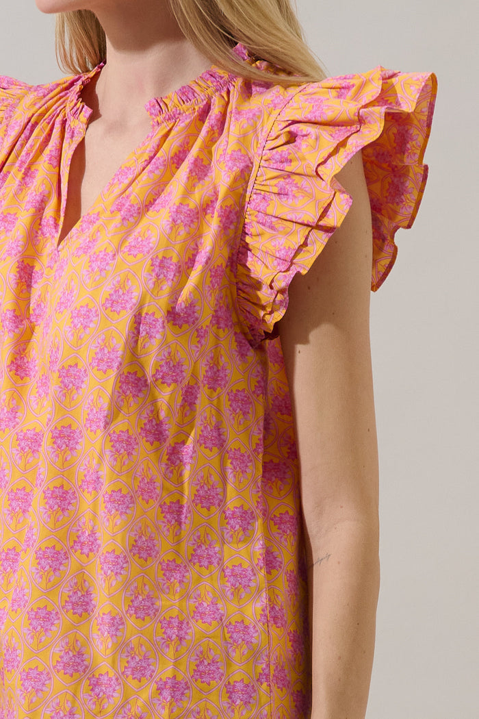 Risette Ruffle Split Neck Top Drift Floral