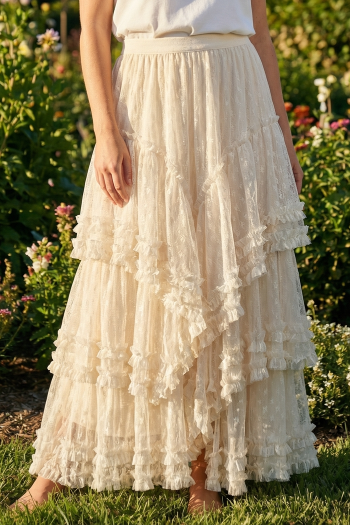 Romantic Tiered Ruffle Lace Maxi Skirt