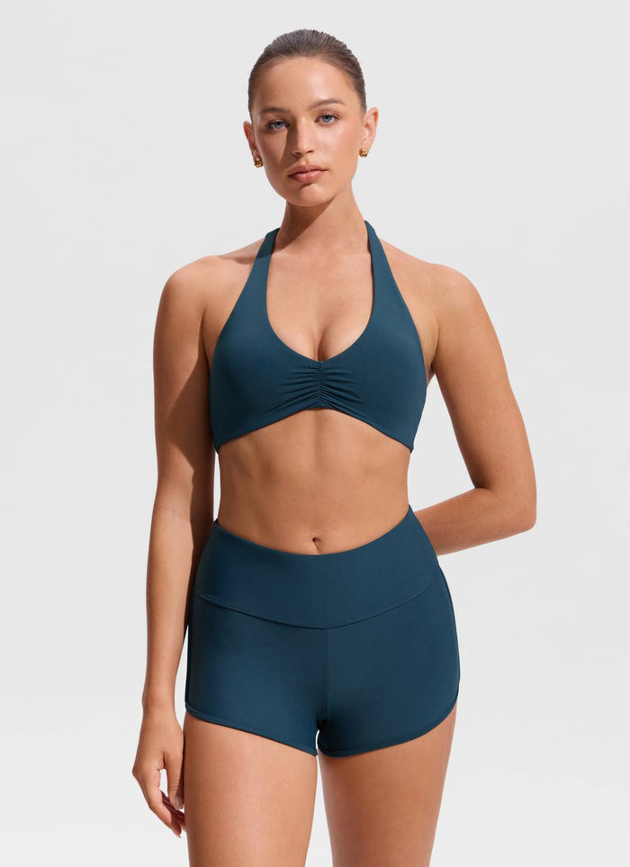 CRZ YOGA Women's Swimwear Ruched Front Halter Backless Bikini Top Insignia Blue