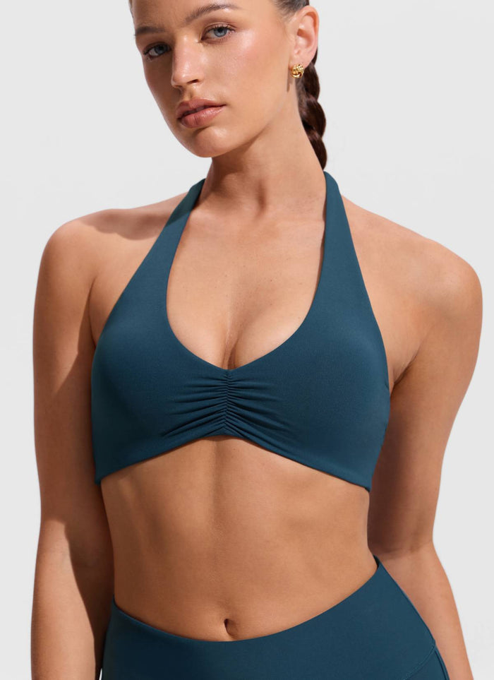 CRZ YOGA Women's Swimwear Ruched Front Halter Backless Bikini Top Insignia Blue