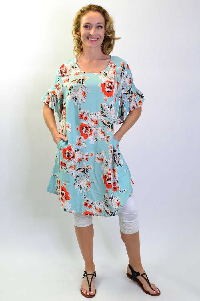 Sage green ruffle cuff tunic slip dress by I Love Tunics featuring delicate ruffle details on the cuffs and a relaxed fit.