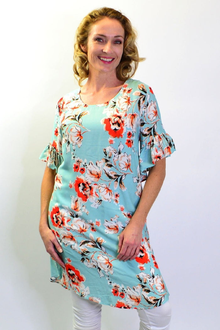 Sage green ruffle cuff tunic slip dress by I Love Tunics, featuring a flowy silhouette and ruffled sleeve details.