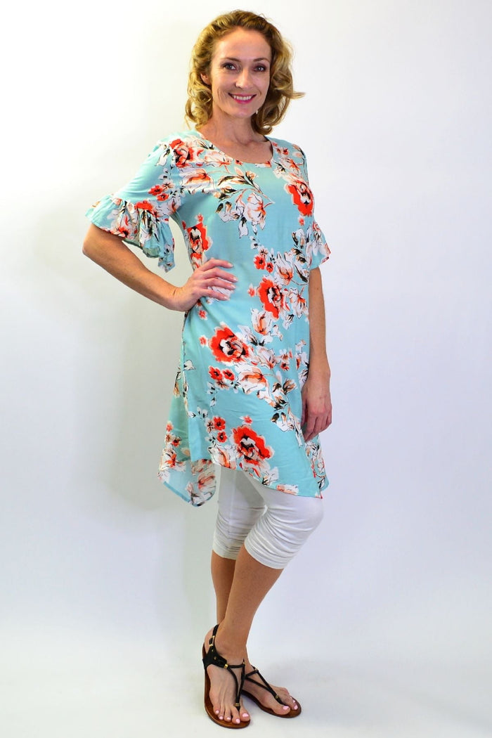 Sage green ruffle cuff tunic slip dress by I Love Tunics, featuring a flowy silhouette and ruffled sleeve details.