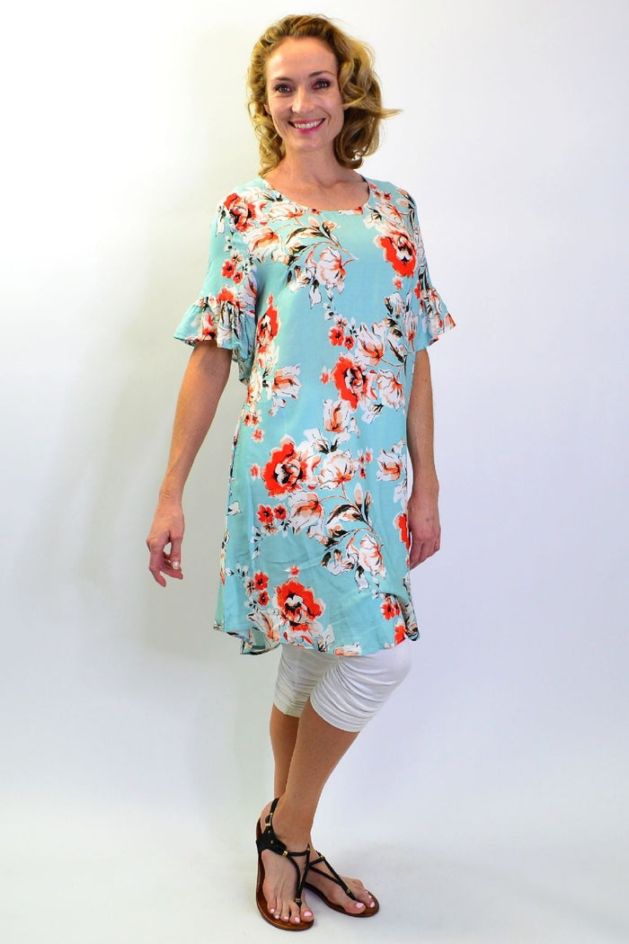 Sage green ruffle cuff tunic slip dress from I Love Tunics with flowy fabric and ruffled sleeve details.