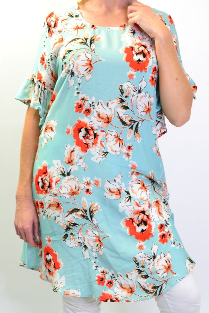 Sage green ruffle cuff tunic slip dress by I Love Tunics, featuring a flowy silhouette and ruffled sleeve details.