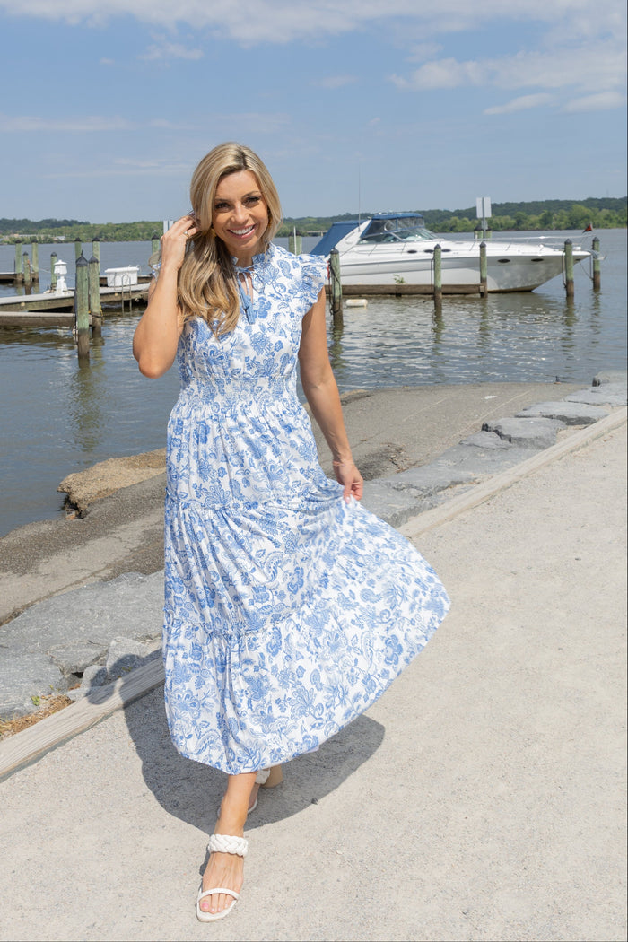 Sail To Sable X The Lucky Knot Flutter Sleeve Maxi - Seaside Toile