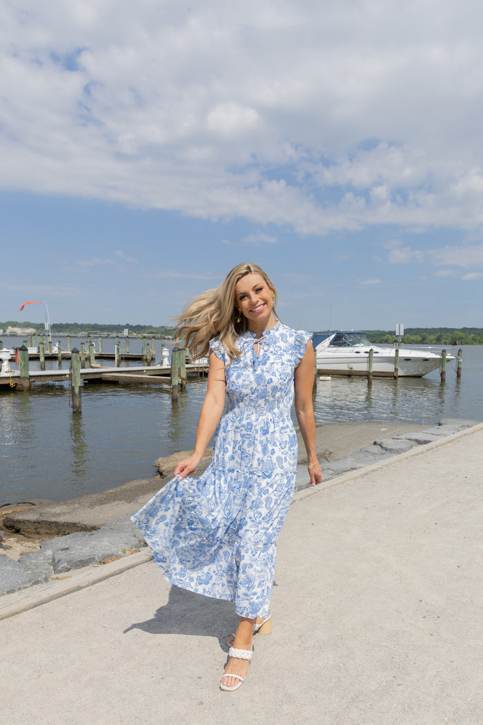 Sail To Sable X The Lucky Knot Flutter Sleeve Maxi - Seaside Toile