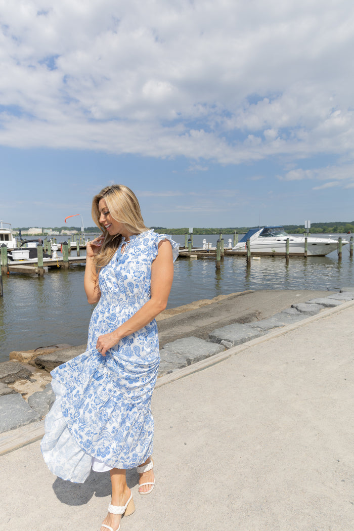 Sail To Sable X The Lucky Knot Flutter Sleeve Maxi - Seaside Toile