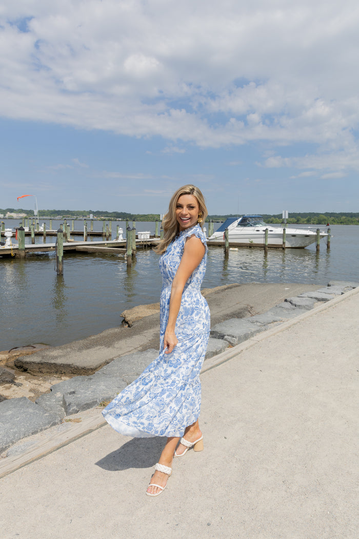 Sail To Sable X The Lucky Knot Flutter Sleeve Maxi - Seaside Toile