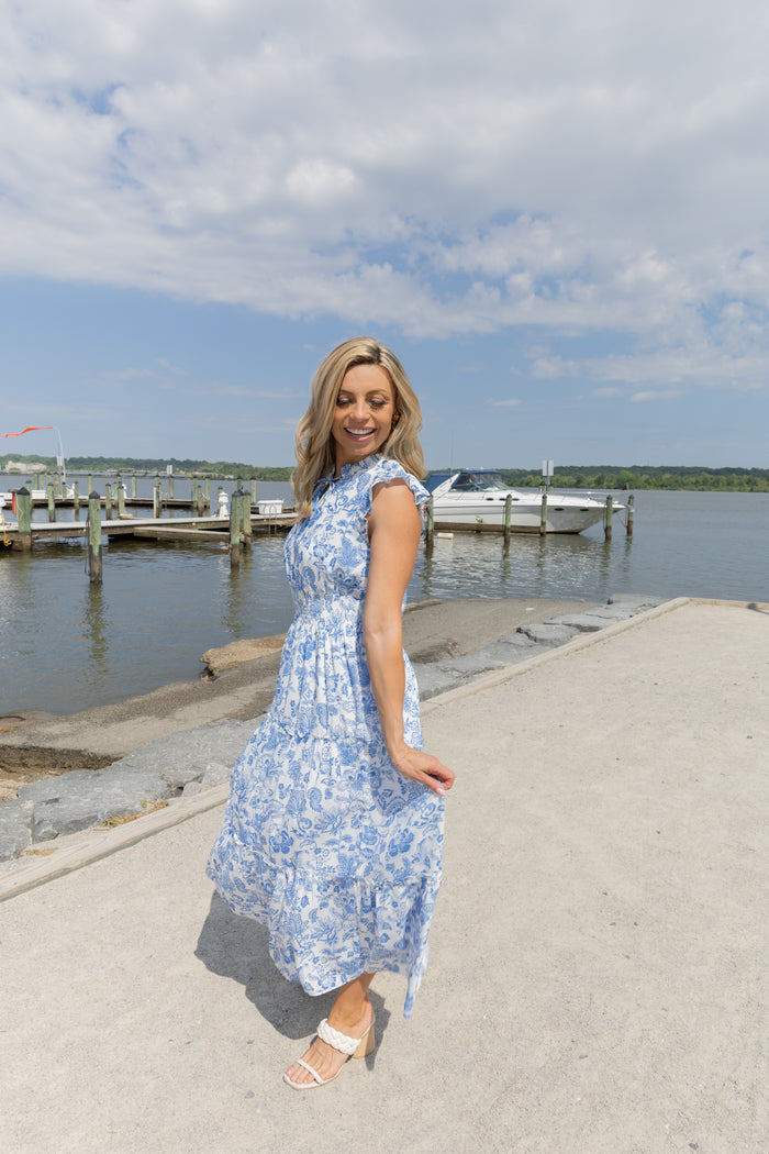 Sail To Sable X The Lucky Knot Flutter Sleeve Maxi - Seaside Toile
