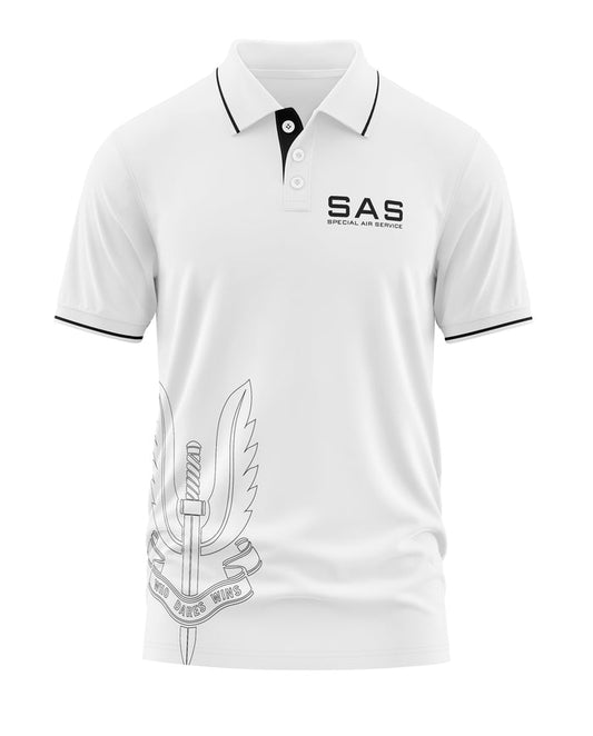 White men's polo t-shirt with SAS Special Air Service text and sword insignia graphic
