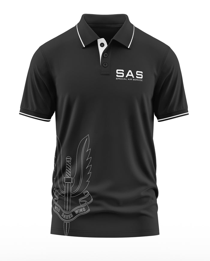 Black men's polo t-shirt with SAS Special Air Service logo and white trim, front graphic design.