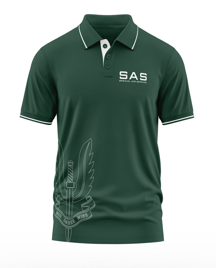 Green polo t-shirt for men with SAS Special Air Service logo and military insignia design
