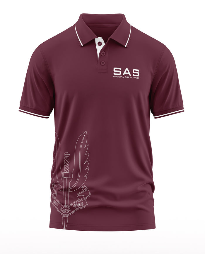 Maroon polo t-shirt with SAS Special Air Service logo and white winged dagger graphic