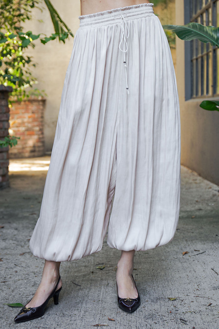 Satin Smocked Waist Ballon Pants - CHAMPAGNE