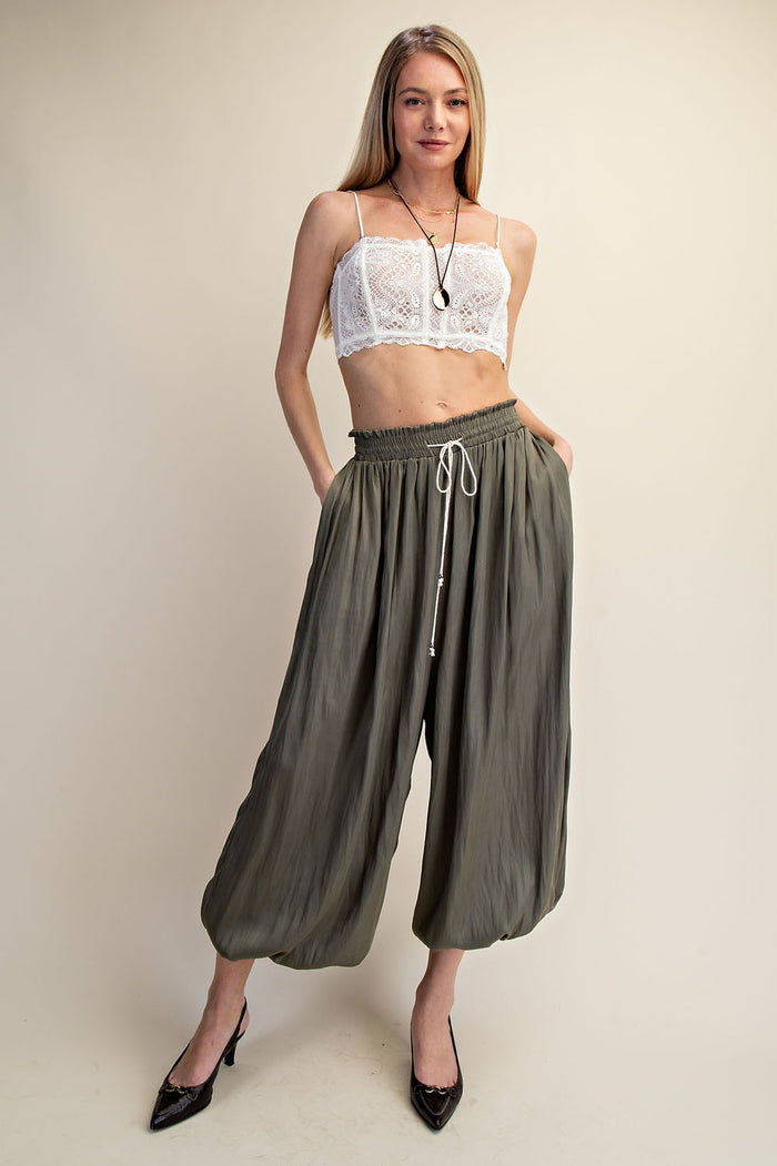 Satin Smocked Waist Ballon Pants - CHAMPAGNE