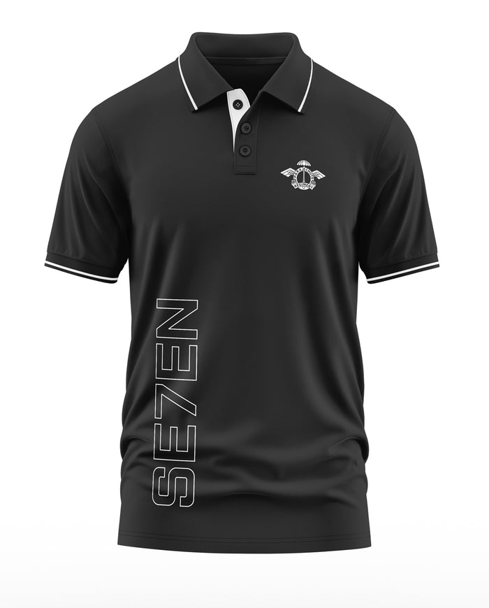 Black polo t-shirt with white SE7EN text, army-inspired chest logo, contrast collar trim