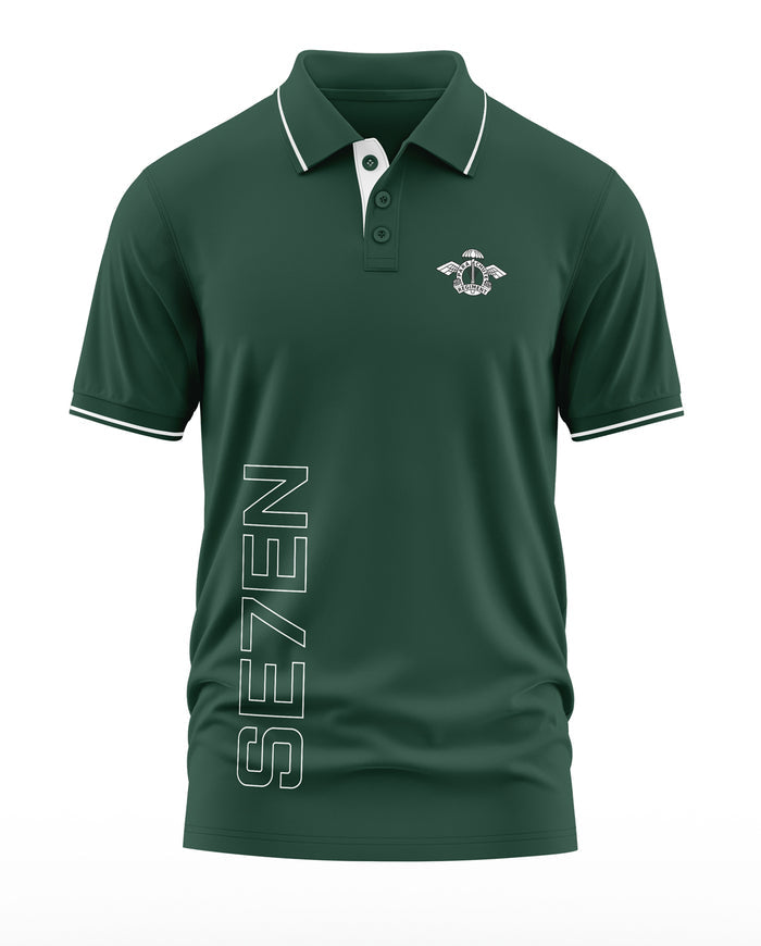 Army green men's polo t-shirt with SE7EN print and white emblem on chest