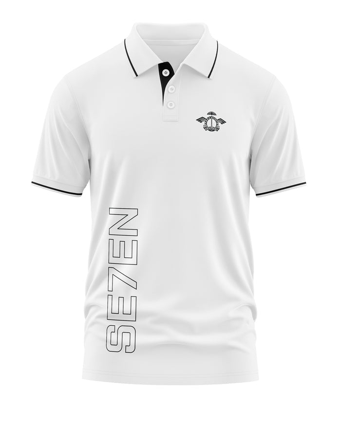 White men's polo t-shirt with black trim, chest emblem, and SE7EN text on the side