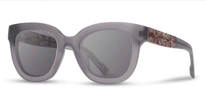 Gray mixed-material square sunglasses with smoke polarized lenses and patterned temples by Shwood.