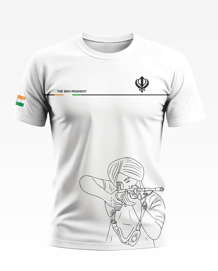 White men's T-shirt with Sikh Regiment text, Sikh symbol, Indian flag, and line art of a Sikh soldier aiming a rifle.