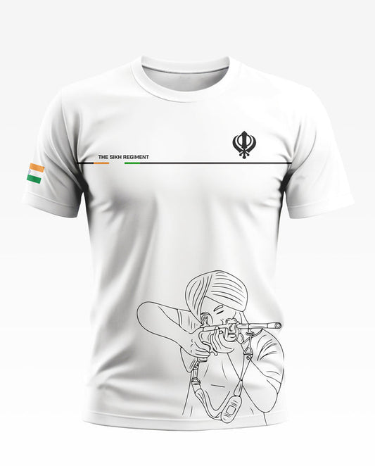 White men's T-shirt with Sikh Regiment text, Sikh symbol, Indian flag, and line art of a Sikh soldier aiming a rifle.