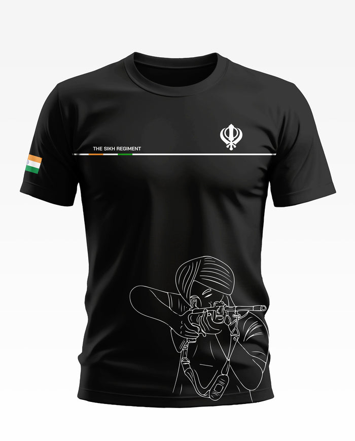 Black men's t-shirt with Sikh Regiment and Indian flag detailing, line art of soldier aiming rifle
