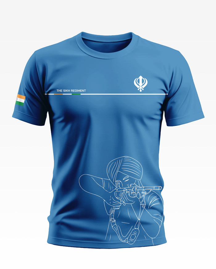 Blue men's t-shirt with Sikh Regiment and Indian flag, rifleman line art on front.